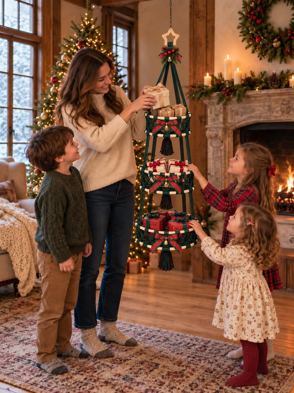 Christmas Hanging Fruit Basket, 3 Tier Macrame Storage Dark Green