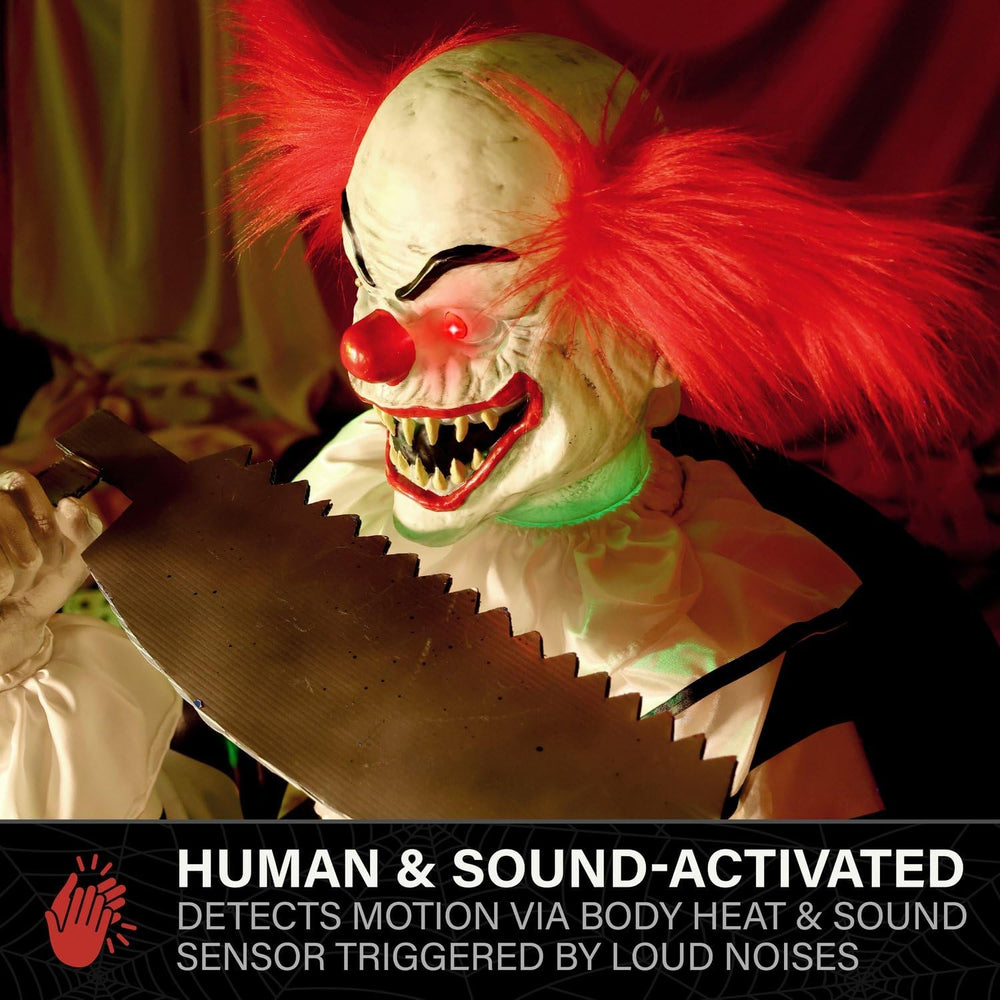 Haunted Hill Farm 4.1-Ft. Candy Clown Animatronic with Saw Halloween Decor