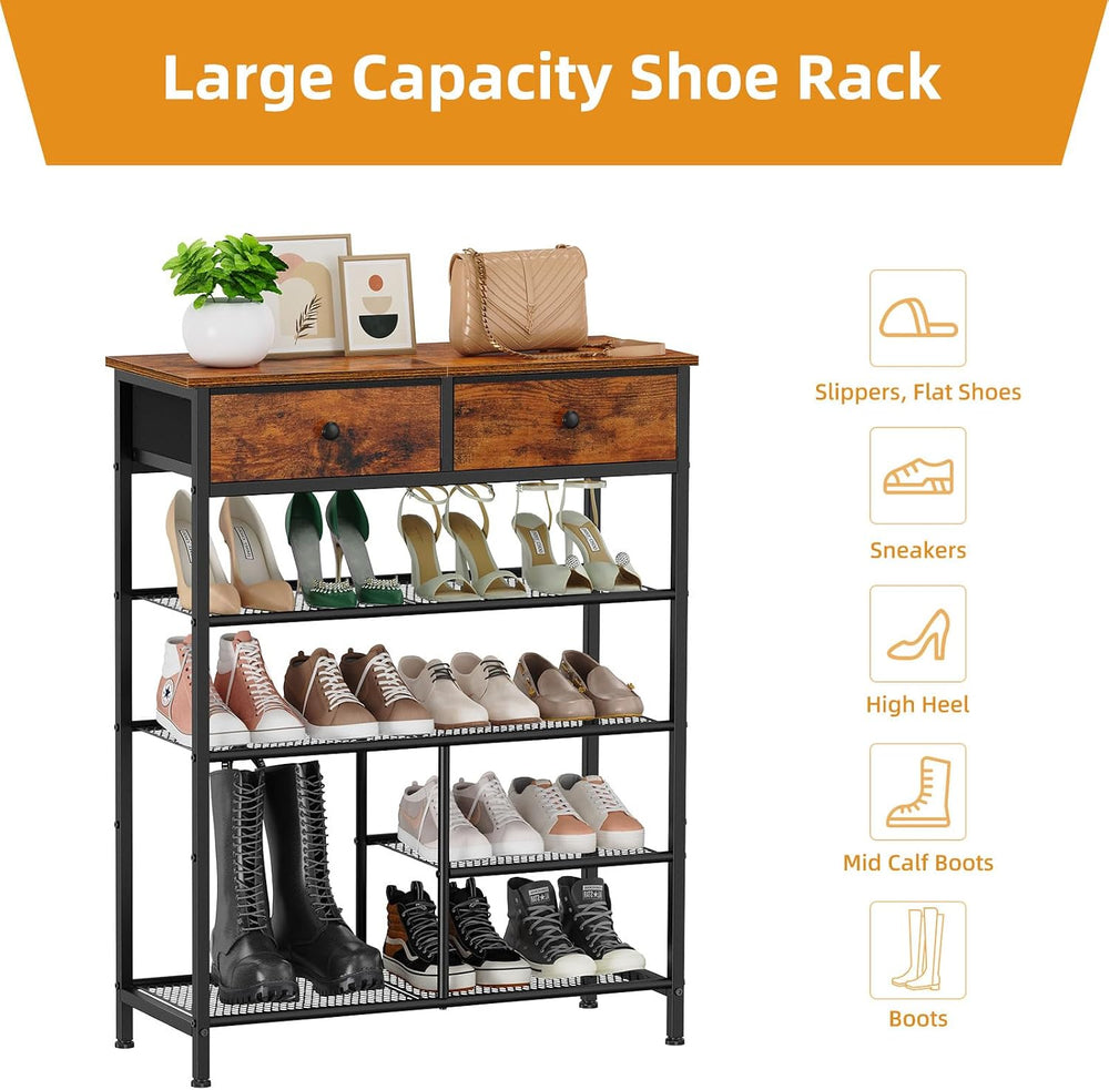 Snughome Shoe Rack, 5 Tier Shoe Storage Organizer with 2 Drawers, Shoe Storag...