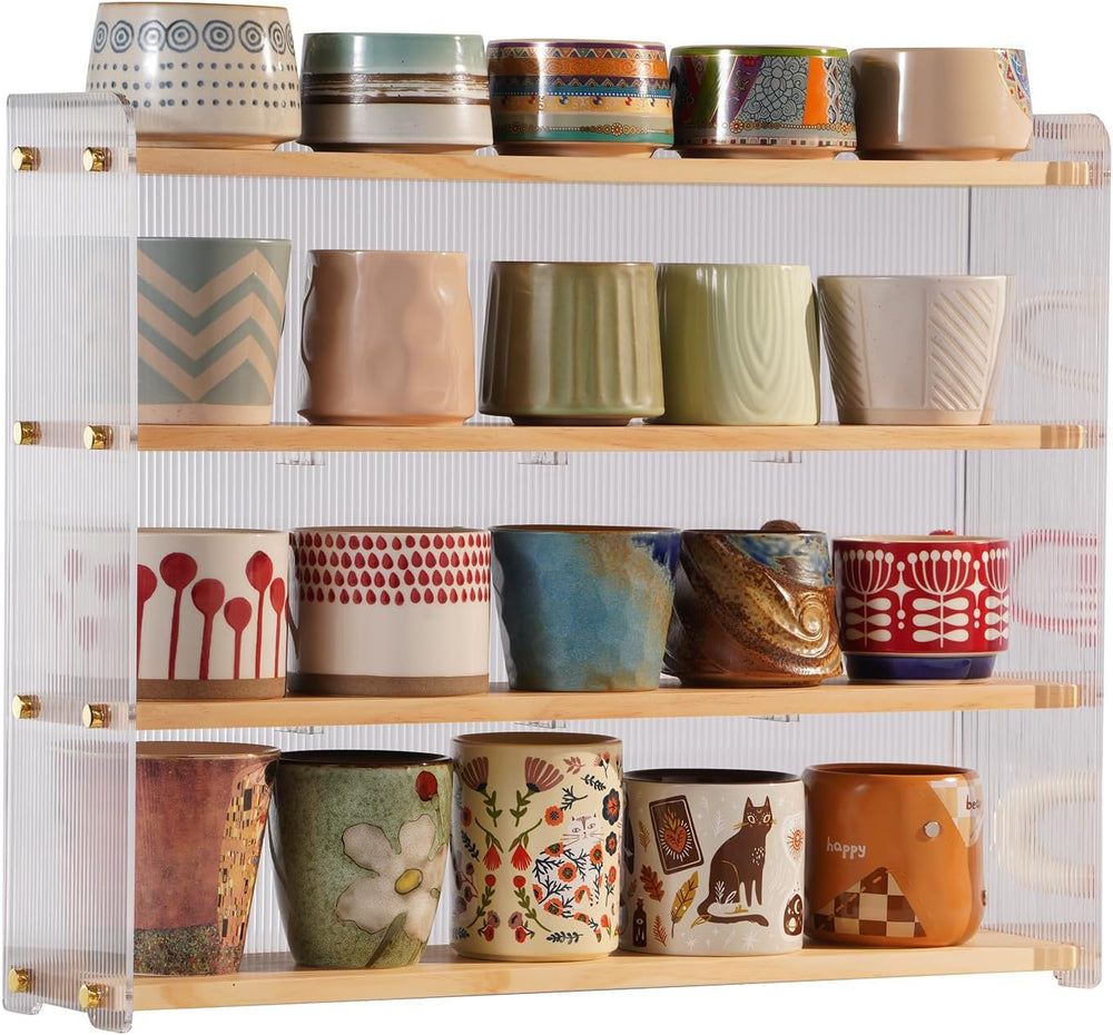 Mug Shelf 4-Tier Walnut Coffee Cup Displays,Kitchen Spice Storage