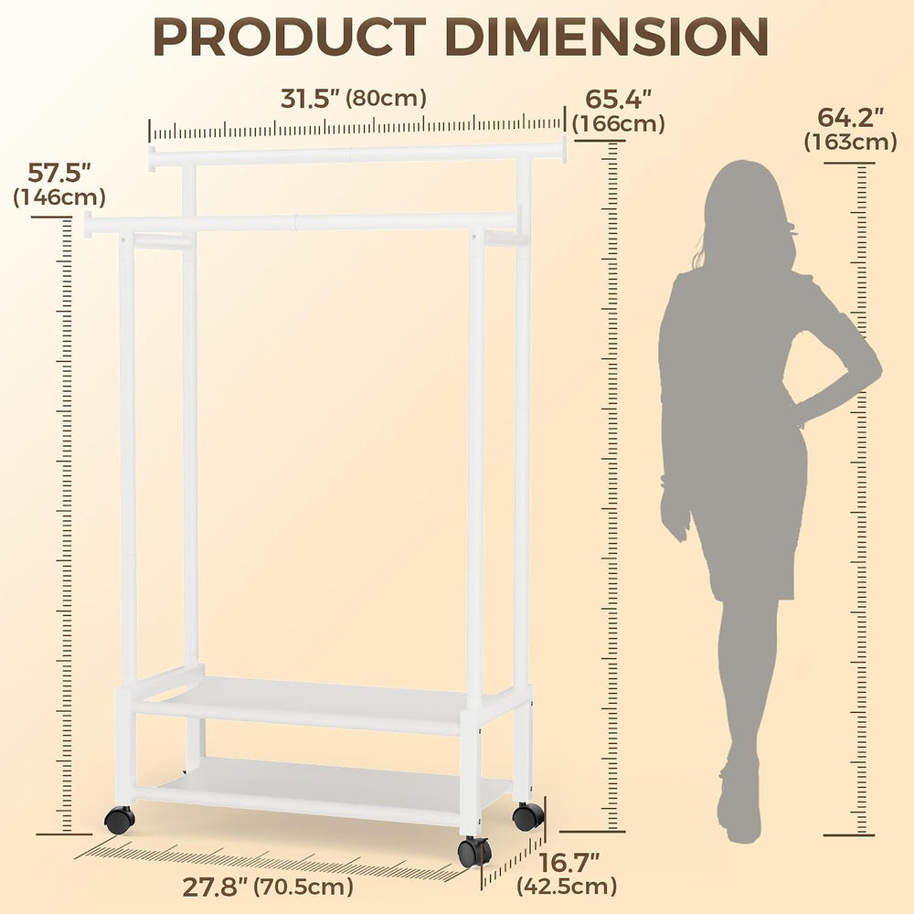 Double Rod Clothing Rack with 2 Shelves, Rolling, White