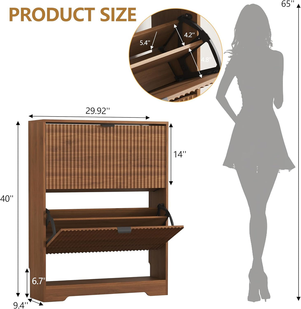 HUANLEGO Shoe Cabinet Storage for Entryway with 2 Flip Drawers, Walnut Fluted...