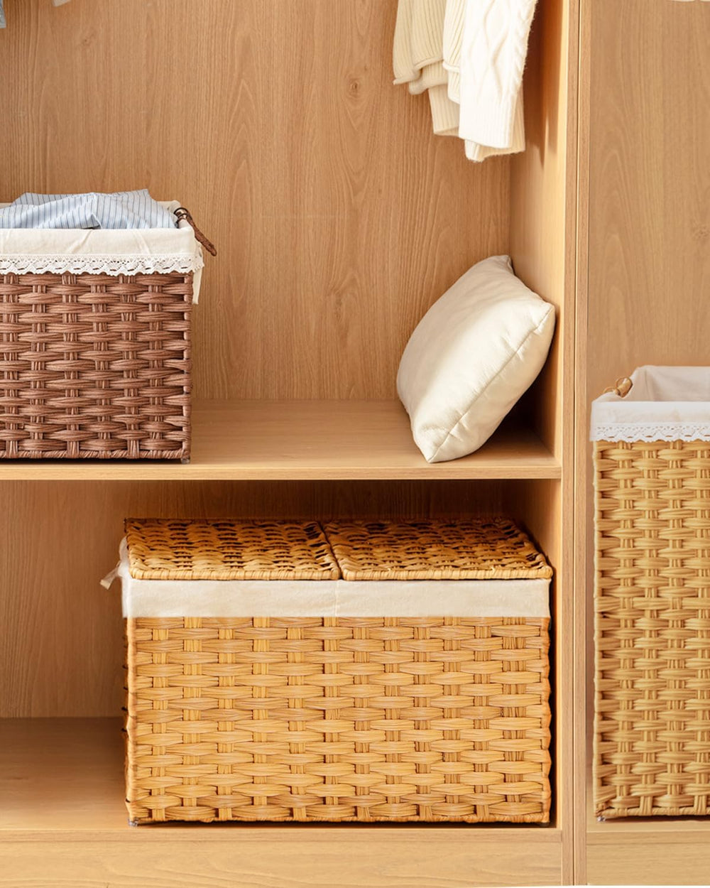 Storage Basket with Lid, 2-Lid PE Rattan Storage Bin, Natural