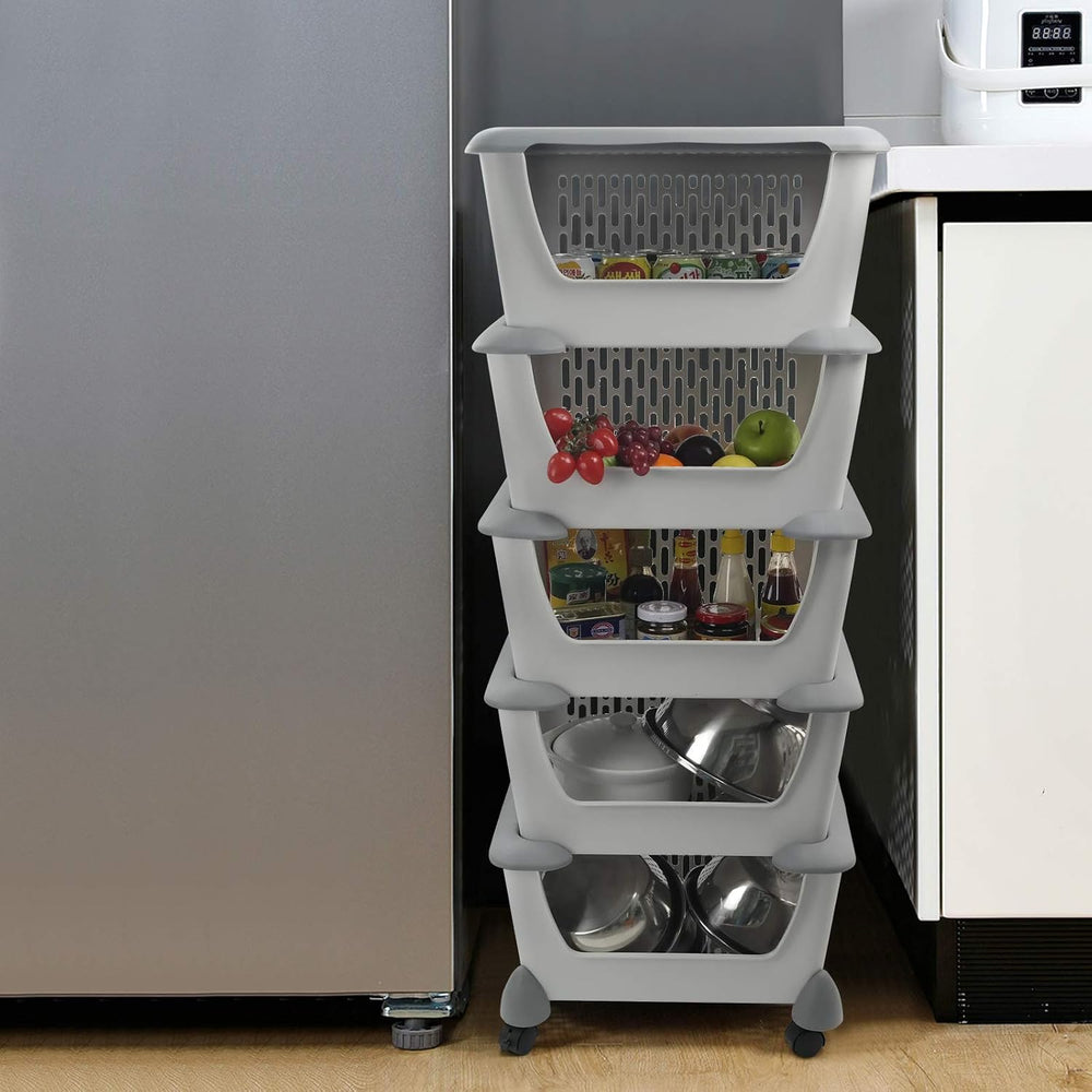 5 Tiers Plastic Kitchen Stacking Storage Baskets Bins, Grey