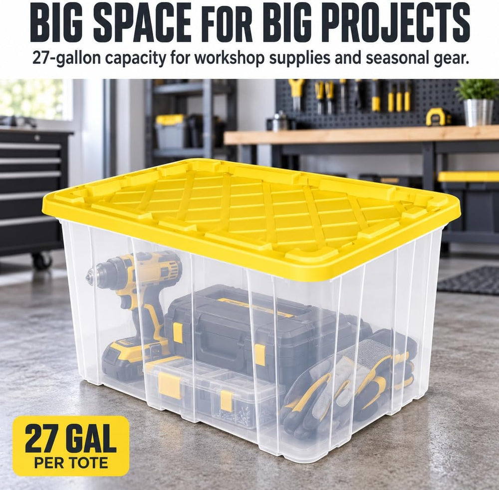 27 Gallon Clear Plastic Industrial Storage Tote, Snap Lid, Yellow, 4 Pack