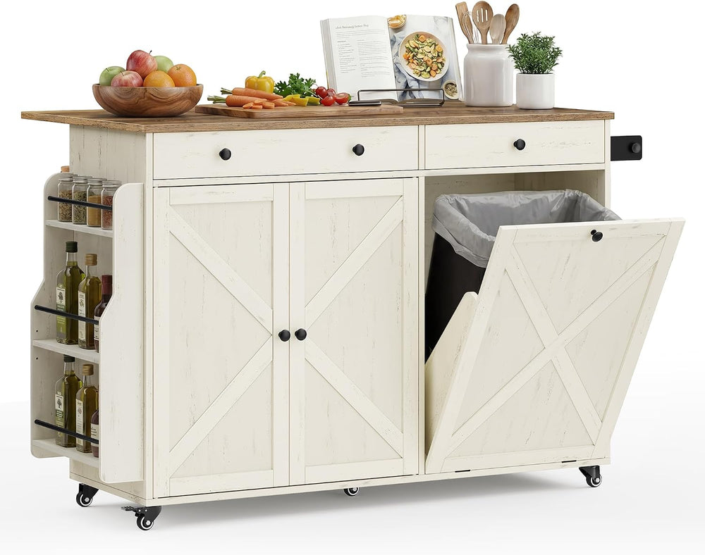VASAGLE Mobile Kitchen Island with Trash Can Storage, Drop Leaf
