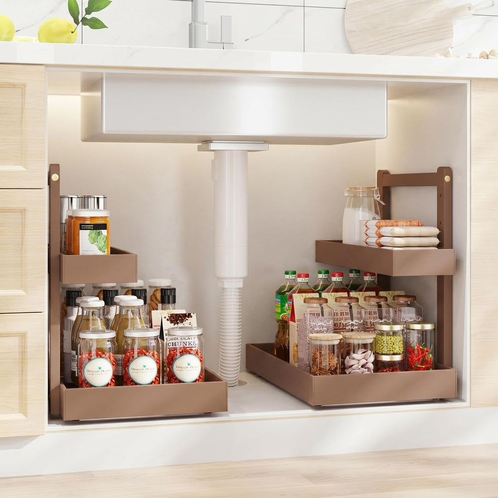 Under Sink Organizer, L-Shaped 2 Tier Pull Out Cabinet Organizer