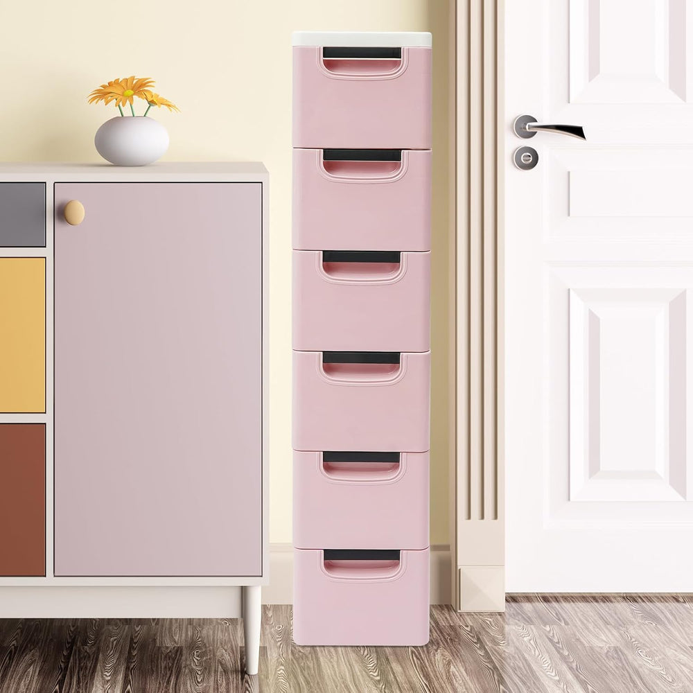 6 Drawers Narrow Slim Plastic Storage Cabinet,Storage Drawer with Wheels,6 Ti...
