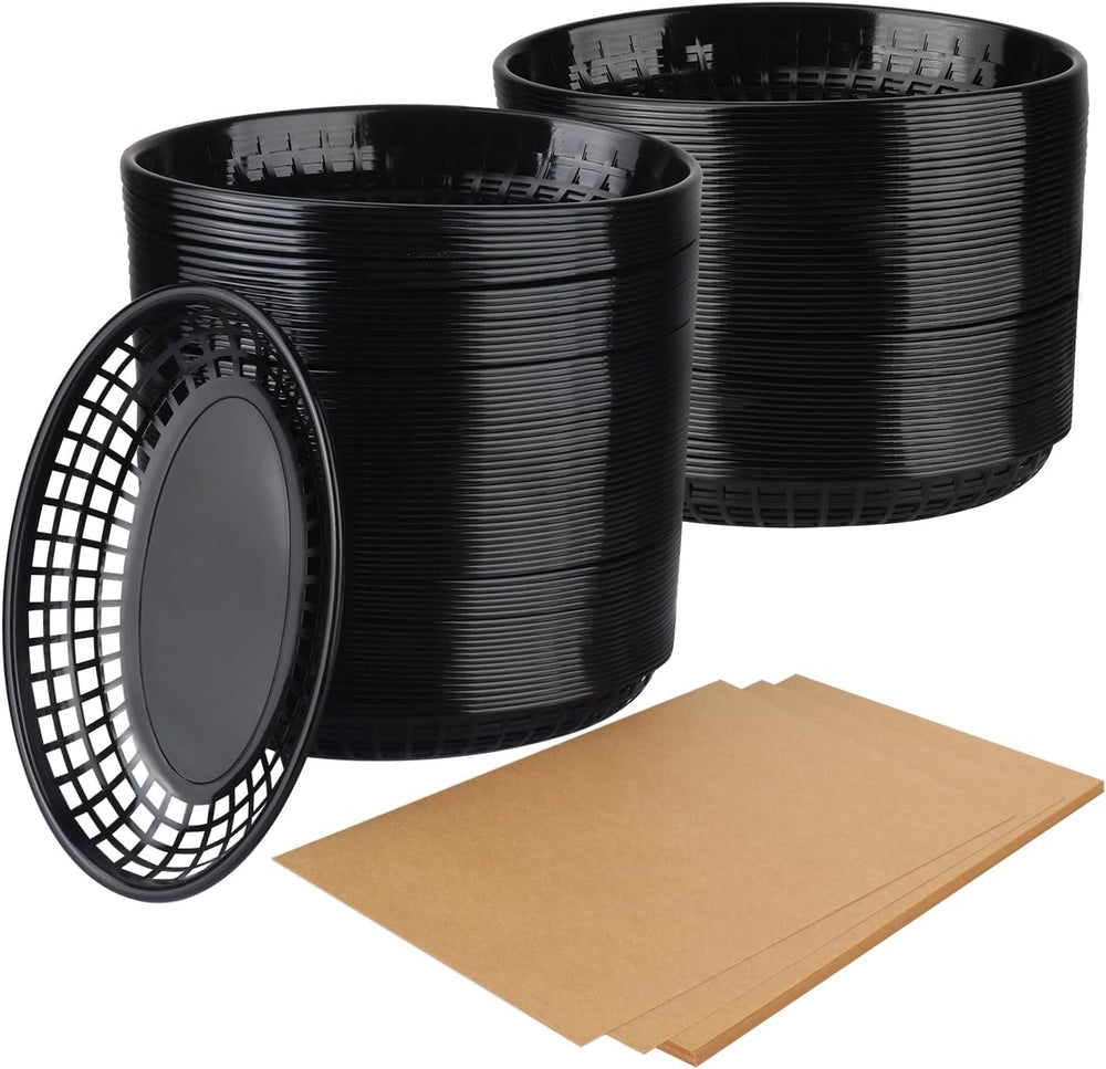 100 Pcs 9 x 5.7 Inch Reusable Black Oval Fast Food Baskets, Sturdy Plastic Pl...