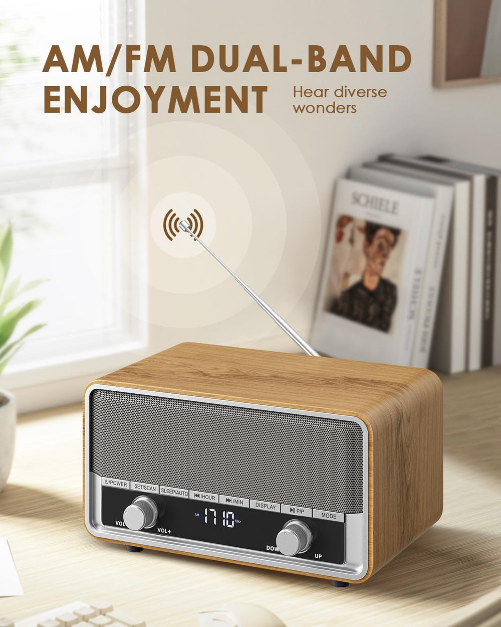 Vintage Wood AM FM Bluetooth Radio with Clear LCD Display