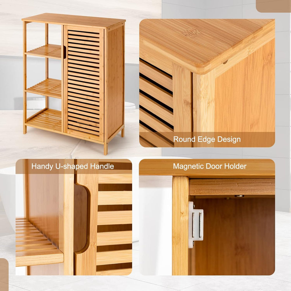 Tangkula Bamboo Bathroom Floor Cabinet, Storage Cabinet with Shutter Door and...