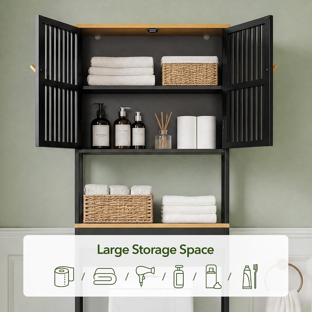 24" x 70" Over-the-Toilet Storage Cabinet with Bamboo Doors, Black