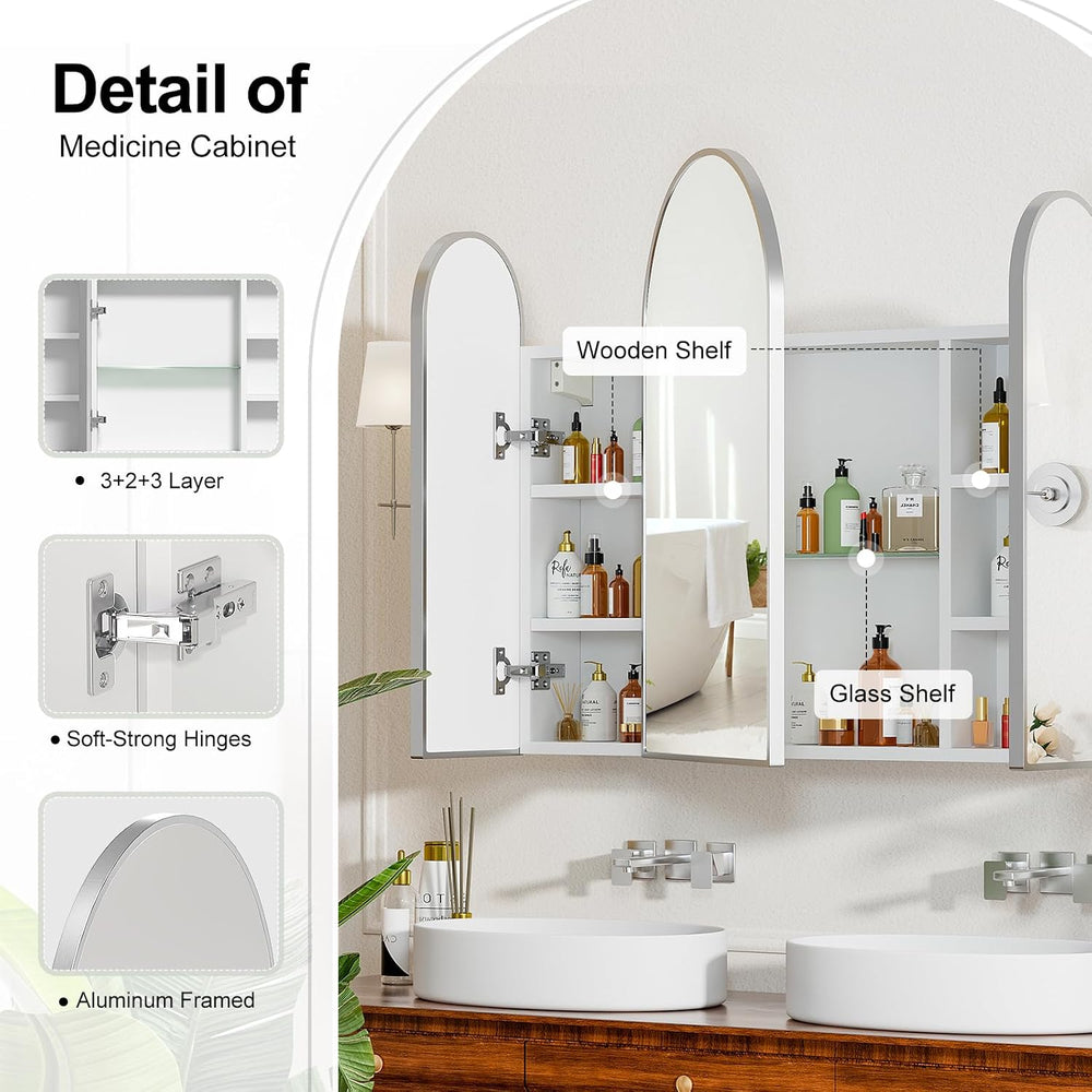 Triple Arched Brushed Nickel Medicine Cabinet,Medicine Cabinet with Mirror