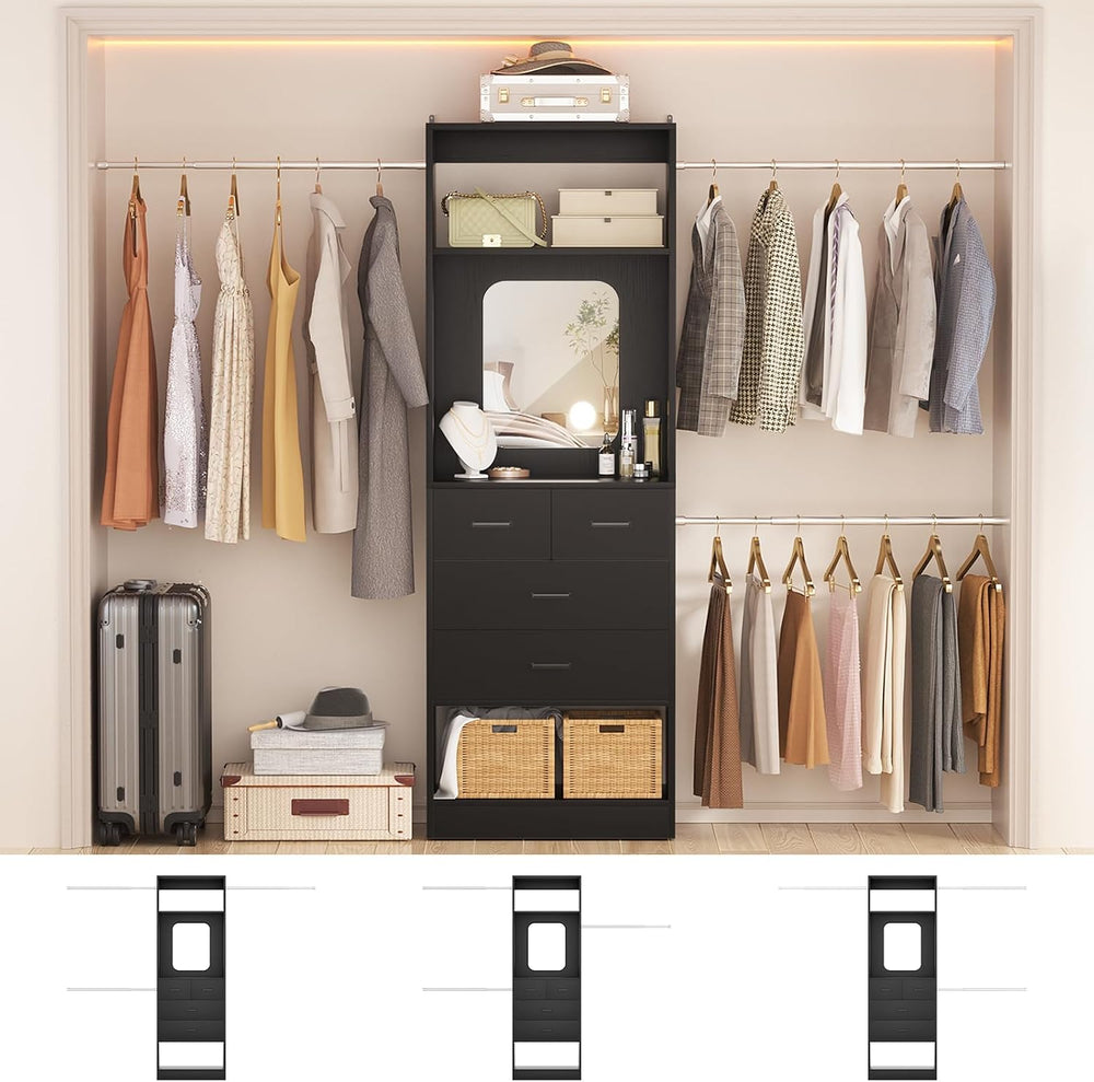 Unikito 8FT Closet System with Mirror and 3 Extendable Hanging Rods, Black
