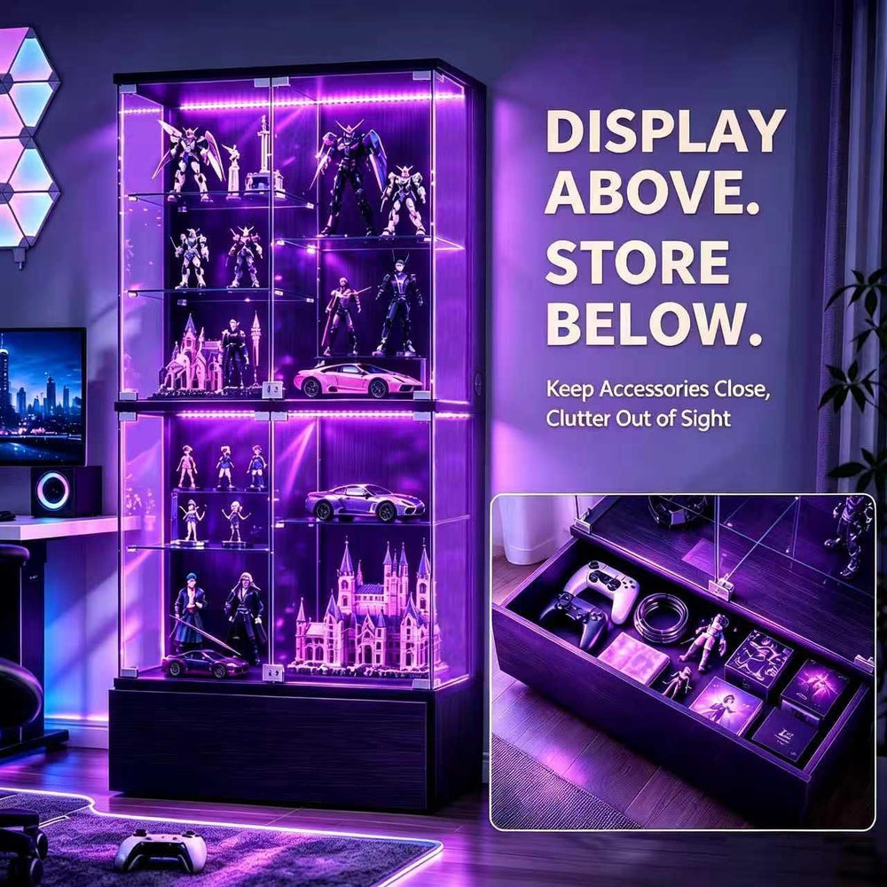 10-tier Glass Display Cabinet with RGB Lights,Curio Cabinet with 2 Locks