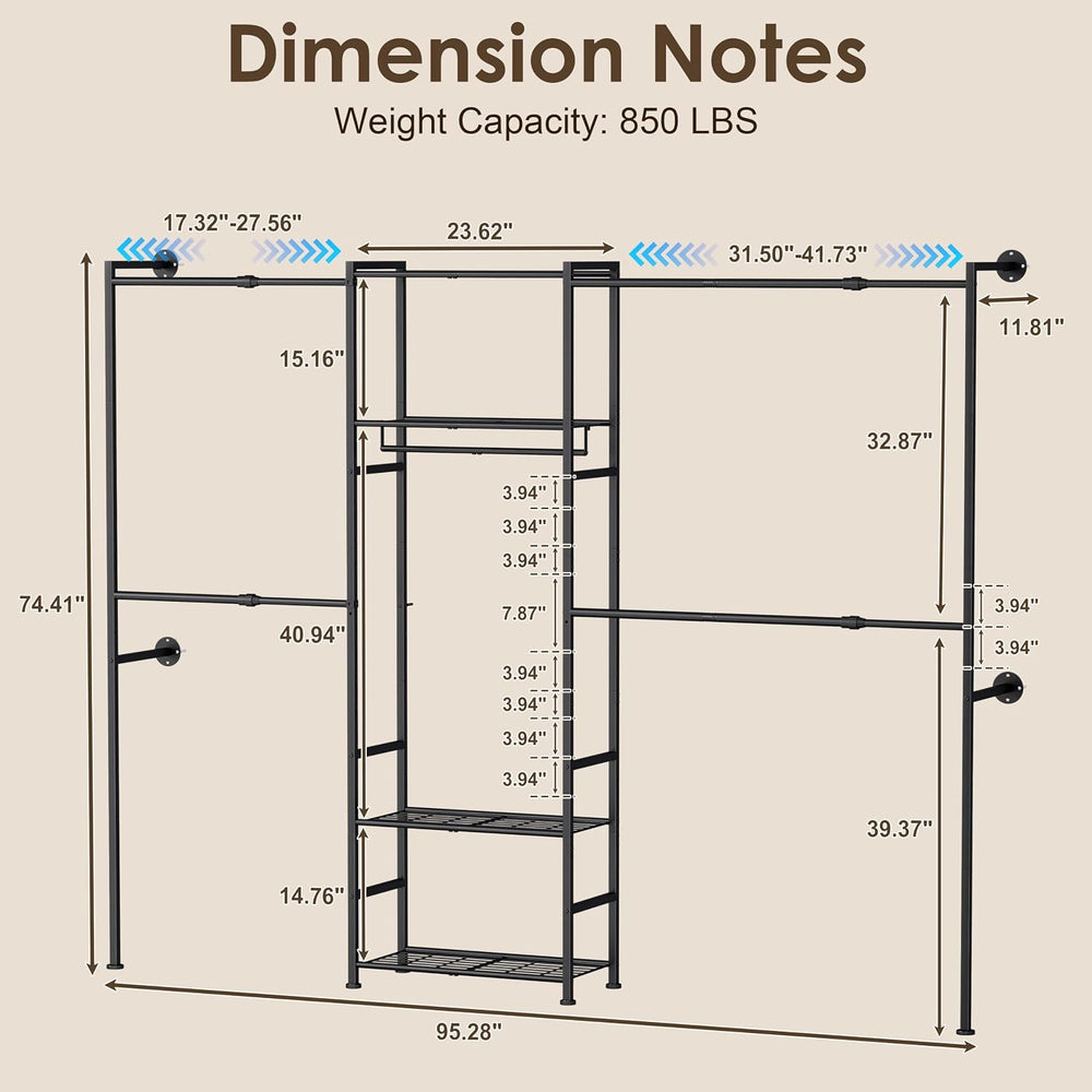Wall Mounted Closet System, Expandable Clothing Rack with Shelves