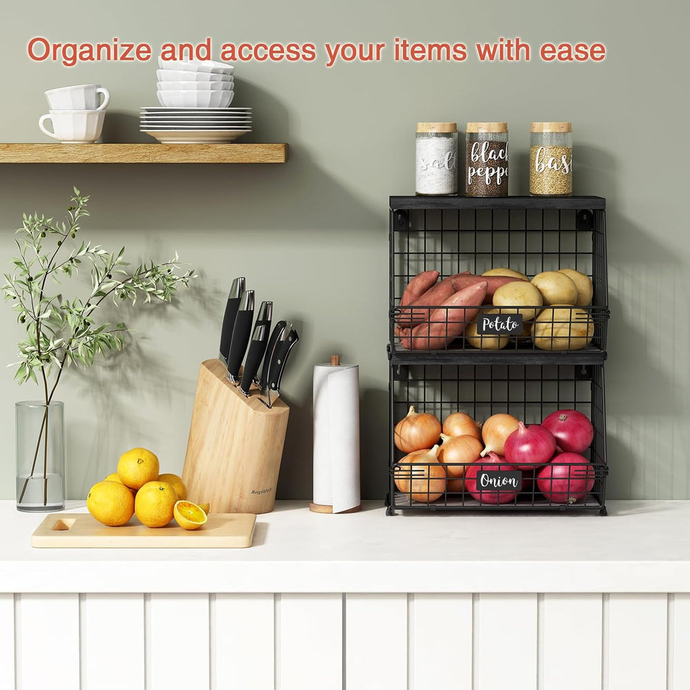 Goozii Black Kitchen Wall Hanging Storage Basket Set of 2, Rustic Stackable K...
