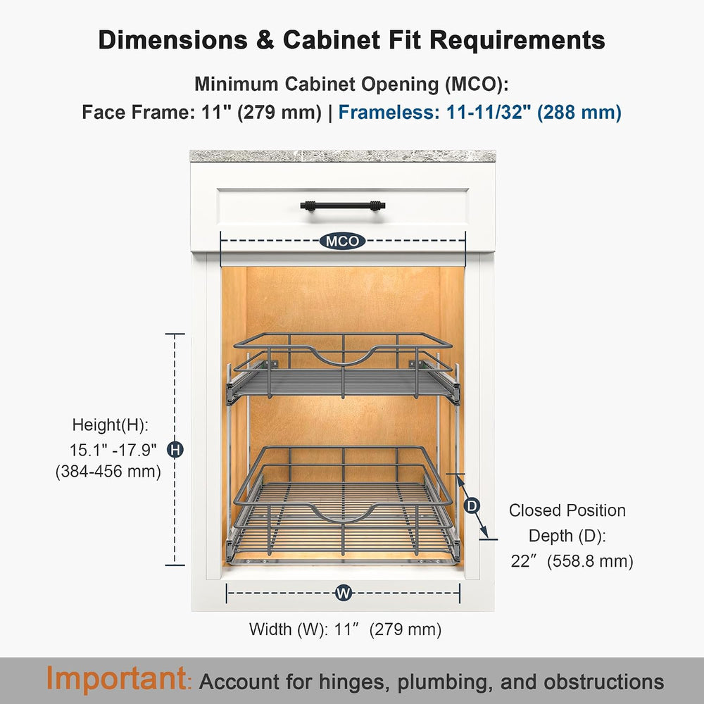 2 Tier Pull Out Cabinet Organizer - 11" W x 22" D Soft Close Slide ...