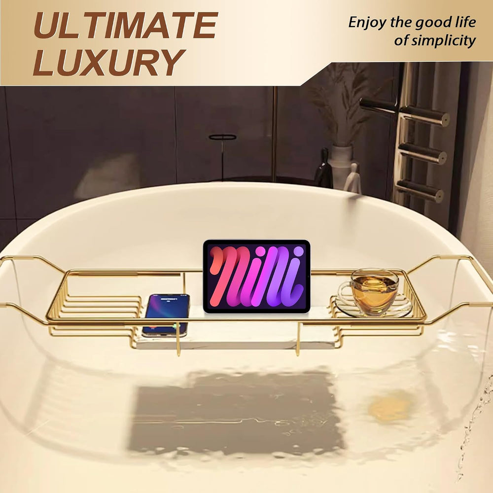 Bathtub Tray Stainless Steel with Marble Base Gold Bathtub Tray with White Ma...