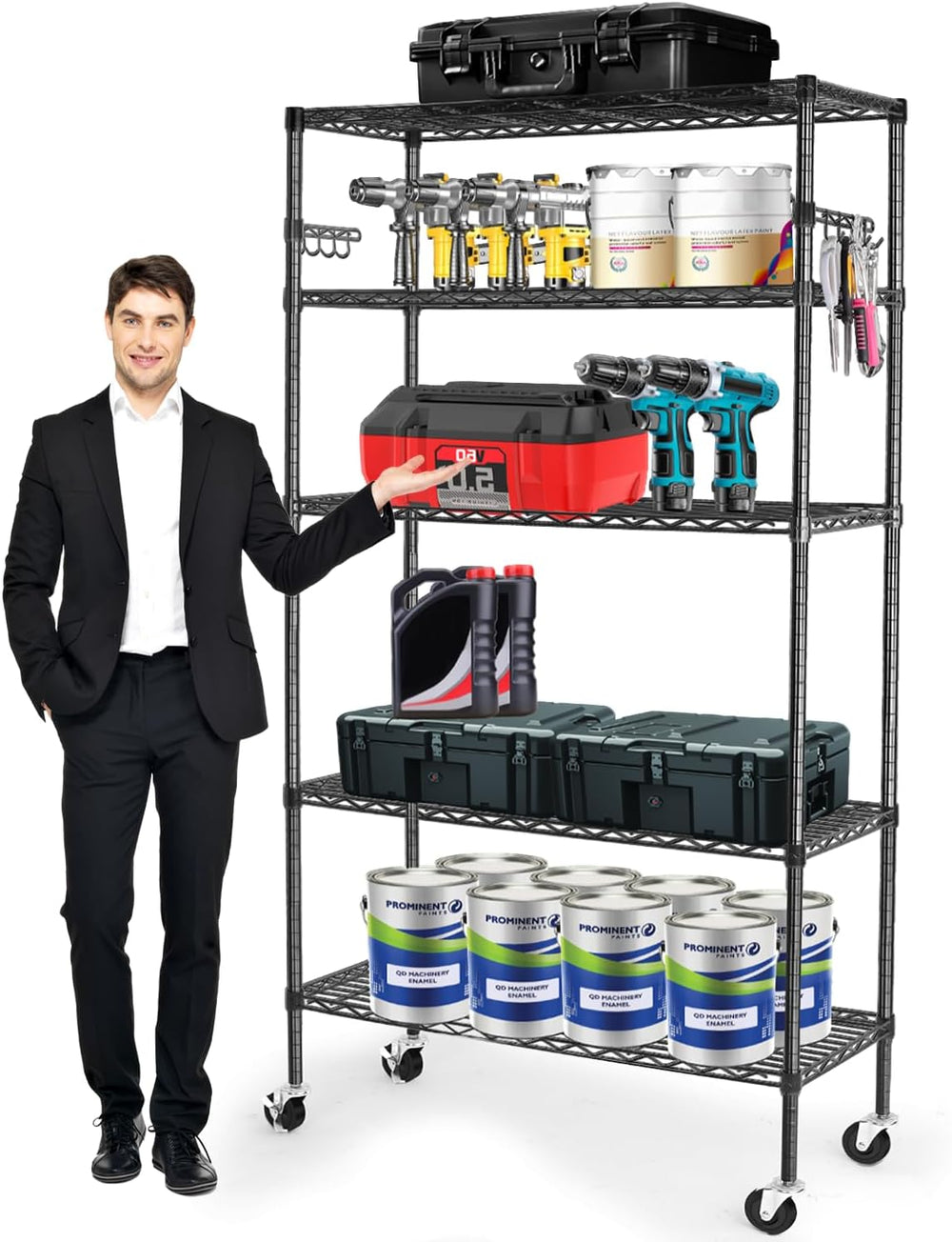 YNN Storage Shelves,1750Lbs 5 Tier Heavy Duty Metal Rolling Shelving Unit wit...