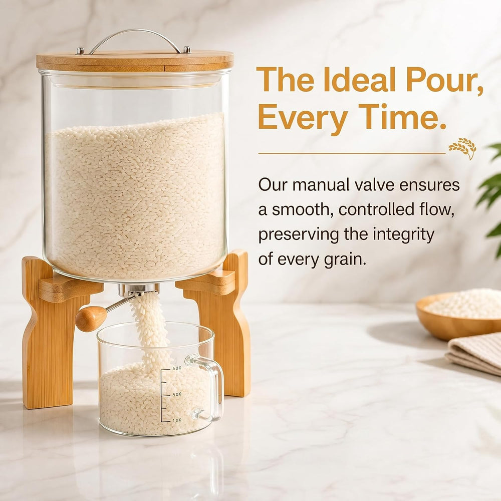 Goaste Glass Rice Dispenser with Bamboo Stand, 5L Flour Cereal Container with...