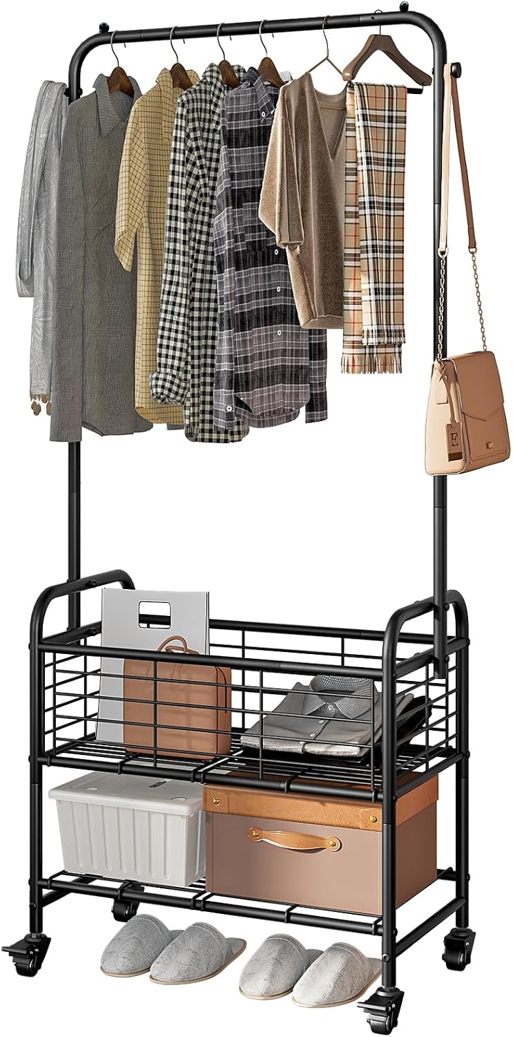 SUOERNUO Laundry Cart with Basket Hanging Rack Sorter with Wheels Shelf