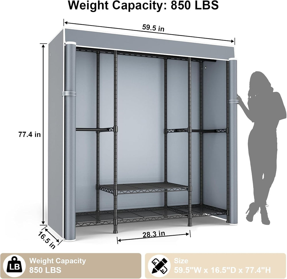 ULIFHOME E3C Black Clothes Rack with Gray Cover, Heavy Duty Garment Rack