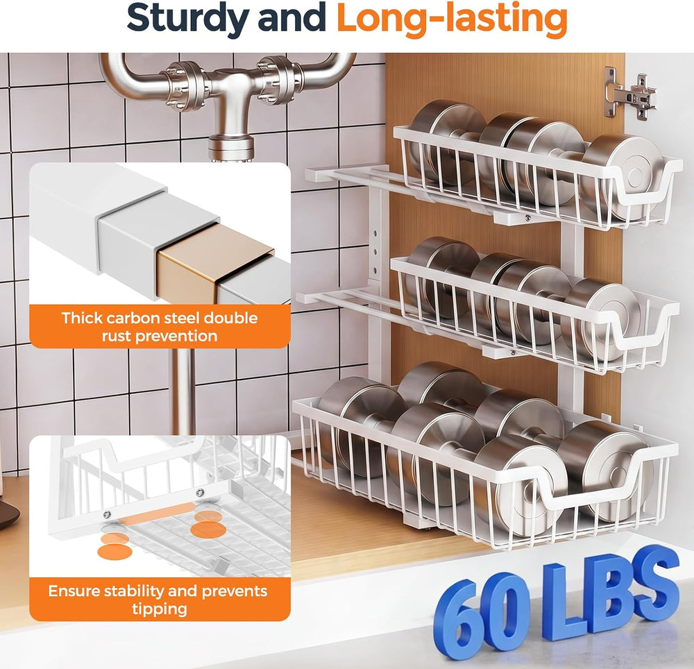 Under Sink Organizer, 2-Pack 3-Tier Height Adjustable Thickened Metal Pull ou...