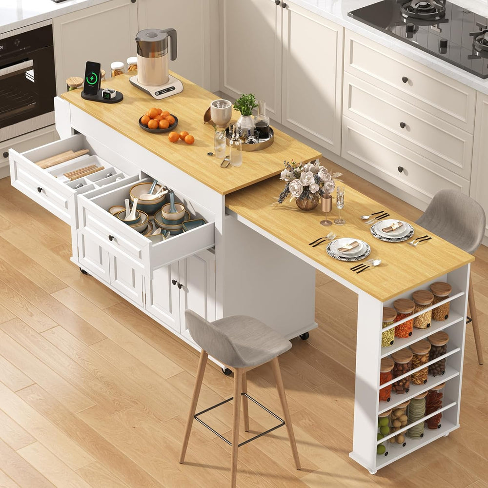 80"-48" Extendable Kitchen Island with Extended Dining Table and Po...