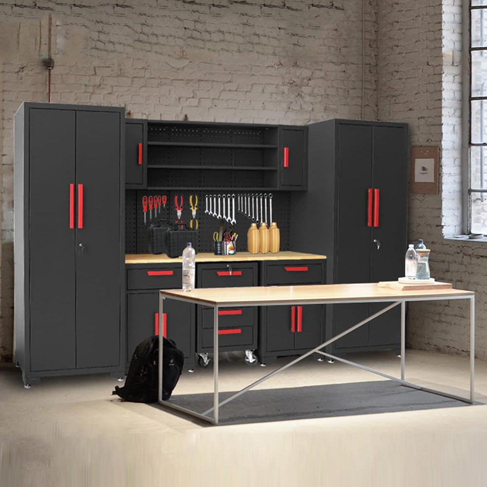 BIG RED Garage Storage Cabinets System, 8-Pcs Workshop Cabinet Set in Black