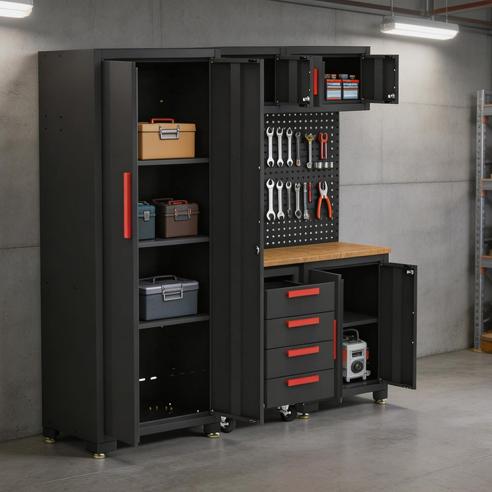 BIG RED Garage Storage Cabinets System, 6-Pcs Workshop Cabinet Set in Black