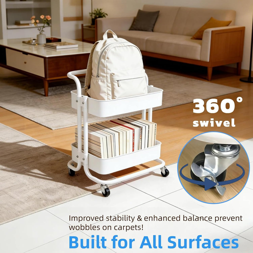 2 Tier Cart with Wheels Under Desk Storage with Handle, Metal Rolling Pantry ...