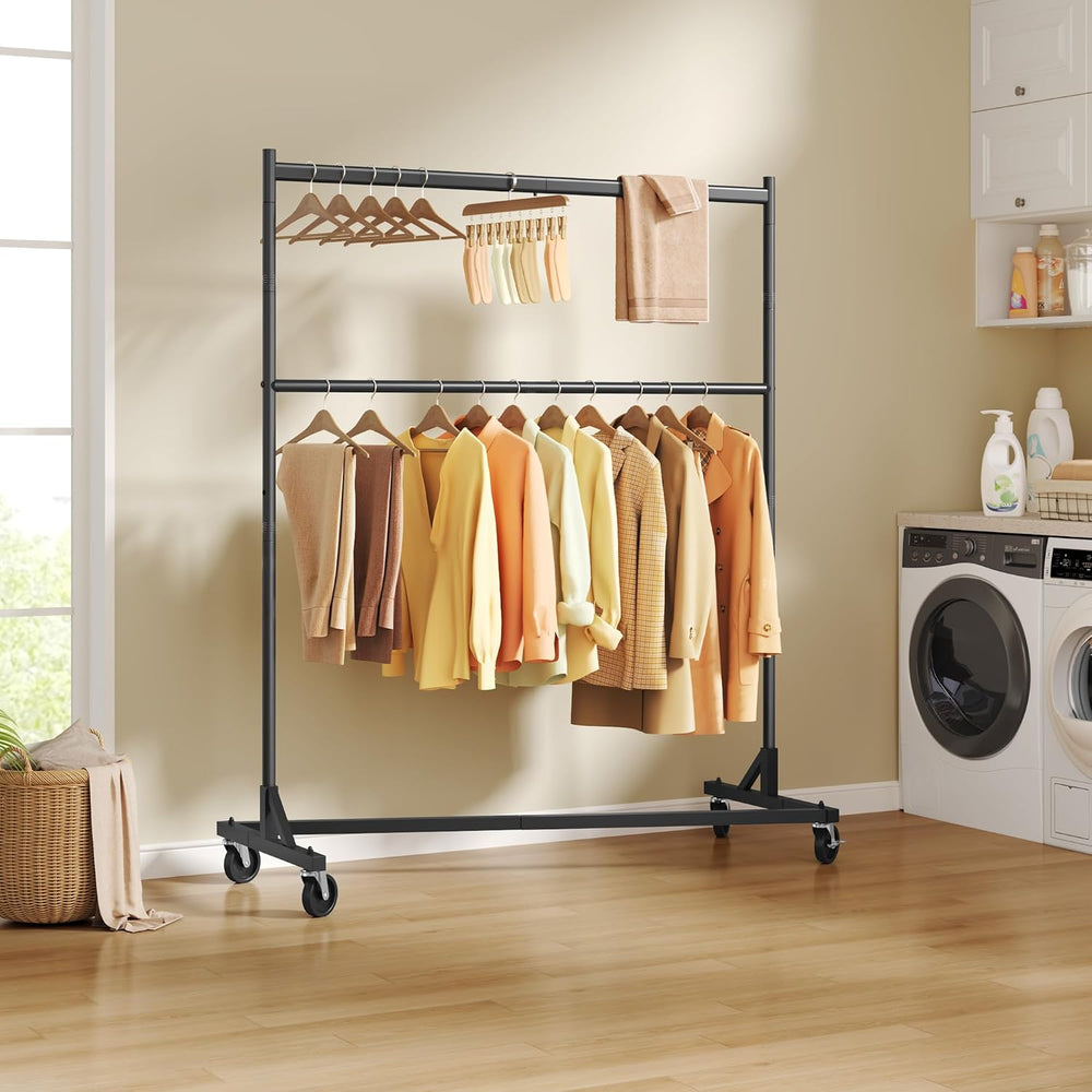 Hoctieon Double Rod Z Rack, Rolling Clothes Racks with Z-Base, Adjustable Clo...
