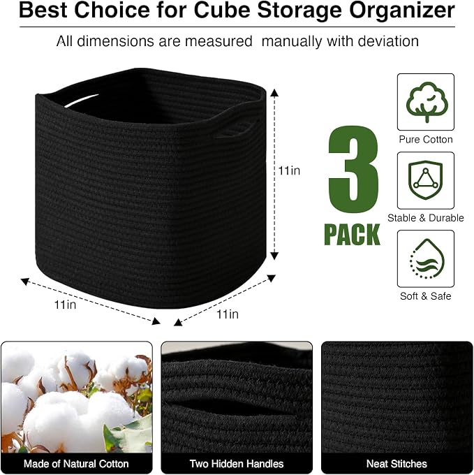 11 Inch Cube Storage Bins, Storage Cube Organizer Bins, Woven Cotton Rope Bas...