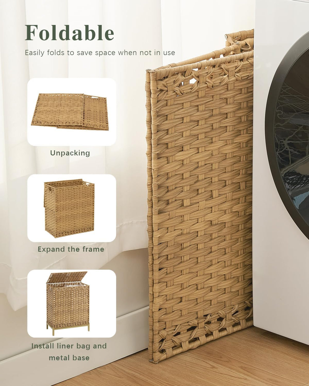 Laundry Hamper with Lid, 112 L Handwoven Rattan Wicker Laundry Basket, 2 Remo...