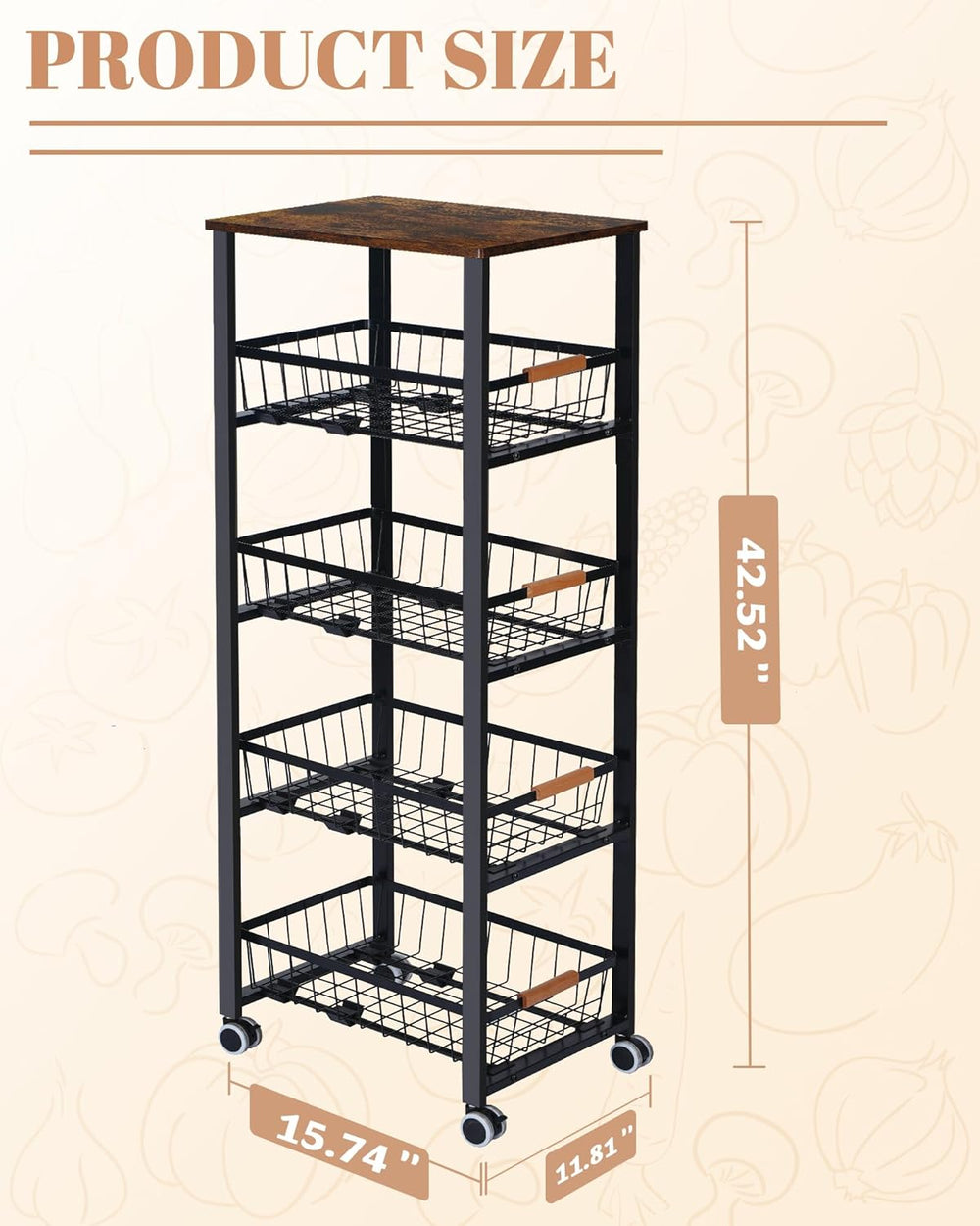 Mythinglogic 5-Tier Fruit & Vegetable Rolling Cart with 4 Pull-Out Baskets