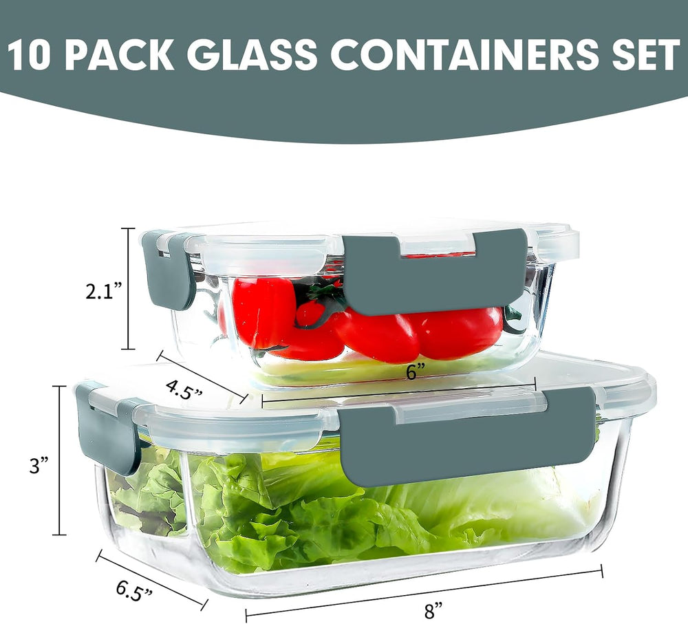 VERONES 10 PACK Glass Meal Prep Containers Set with Lids, Grey