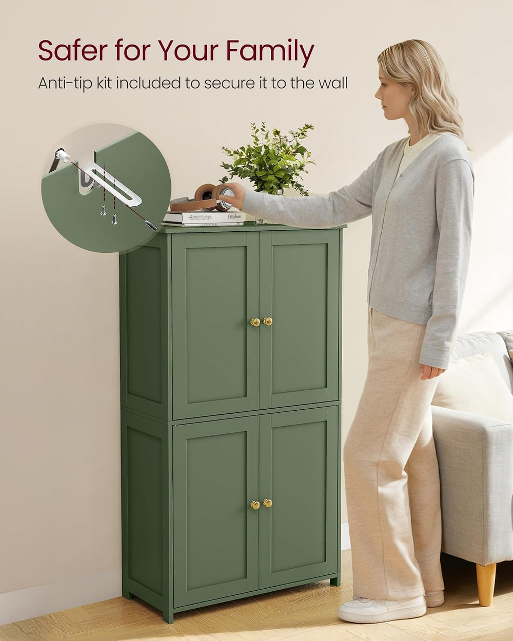VASAGLE Bathroom Floor Storage Cabinet, 4 Doors, Forest Green