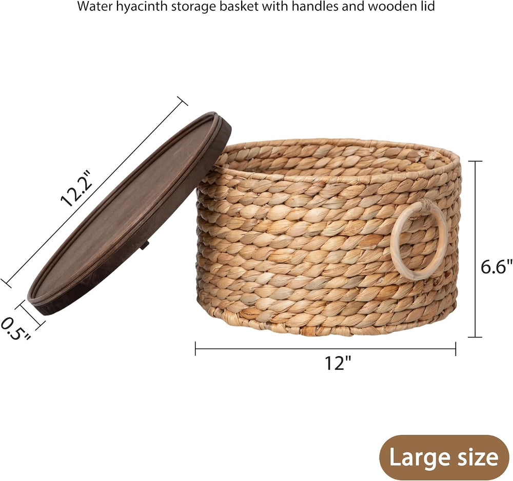 Round Water Hyacinth Wicker Storage Basket with Lid (Large)