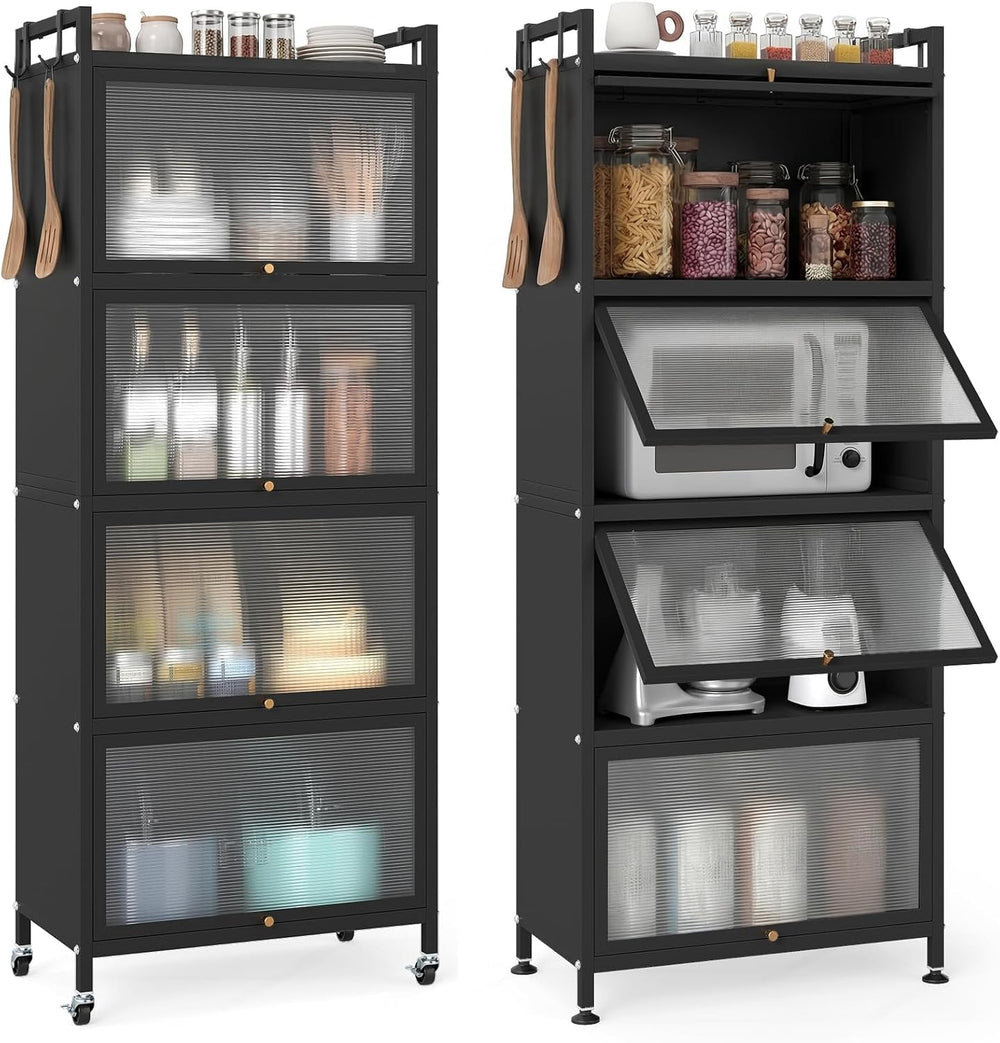 GIANTEX 5-Tier Kitchen Storage Cabinet, 4 PC Doors, Rolling Wheels, Black