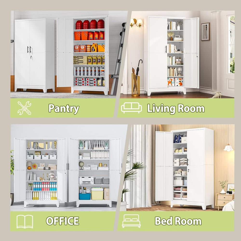 White Kitchen Pantry Cabinets,79 Metal Lockable Storage for Office