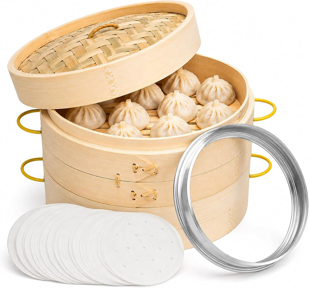 10 Inch 2-Tier Bamboo Steamer Basket for Cooking Dumplings, Dim Sum & Asi...