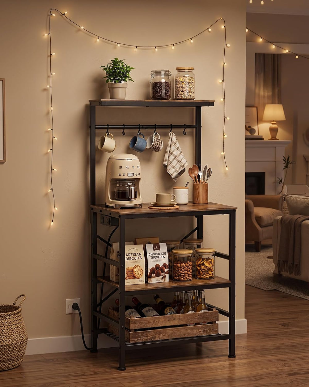 Kitsure Coffee Bar, 4-Tier Baker's Rack with Power Outlet, 21.7" x 4...