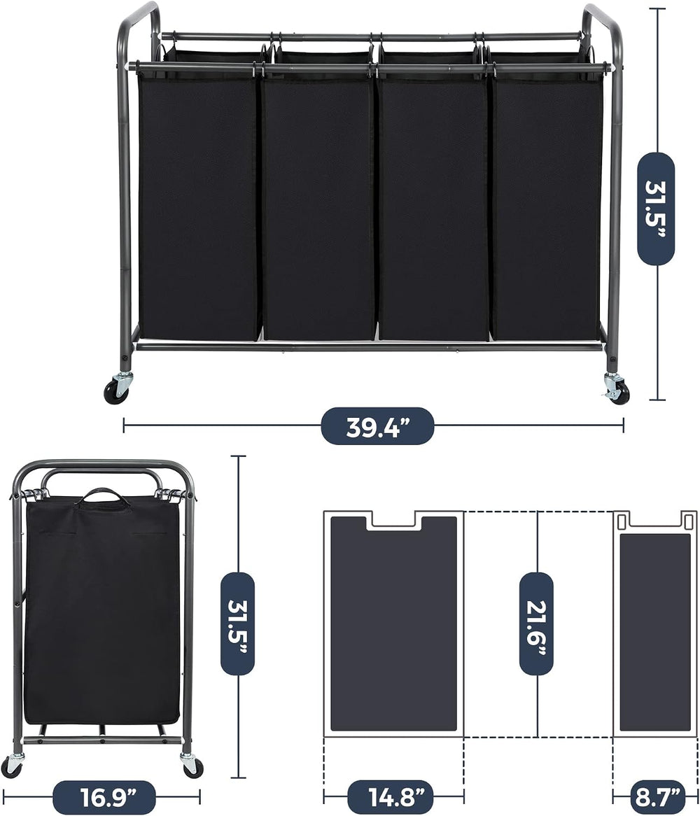 Laundry Sorter 4 Section, 4 Bag Clothes Hamper, Rolling Laundry Cart Basket w...