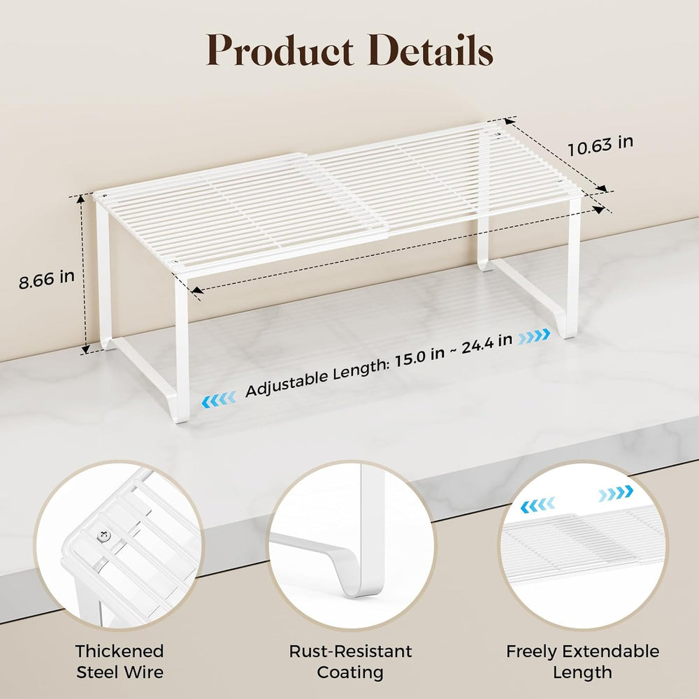 Extendable Metal Wire Shelf Organizer - Adjustable 15-24.4in Length, Stackabl...
