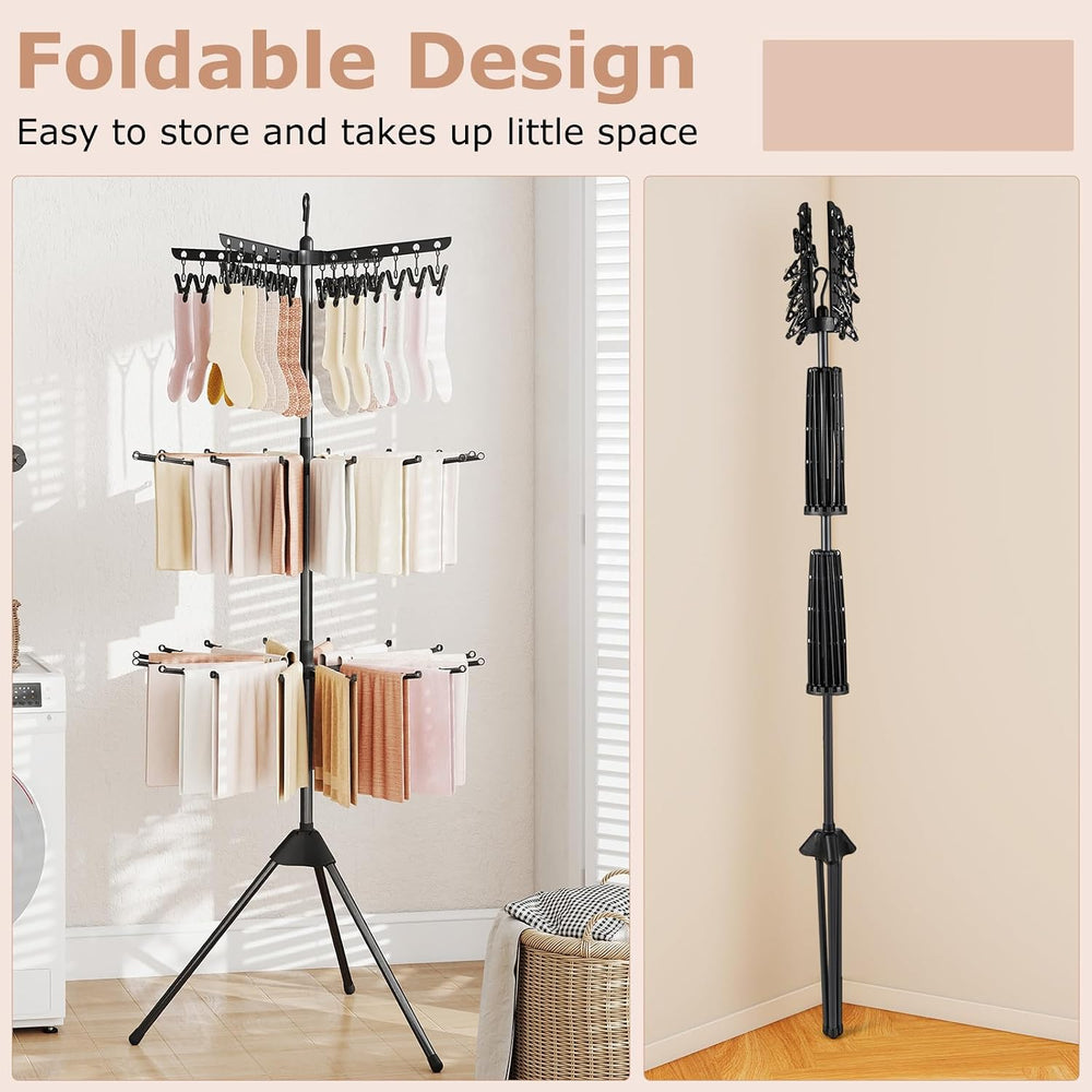 GIANTEX 70" Tripod Clothes Drying Rack w/24 Clips & 32 Rods, 360° Ro...