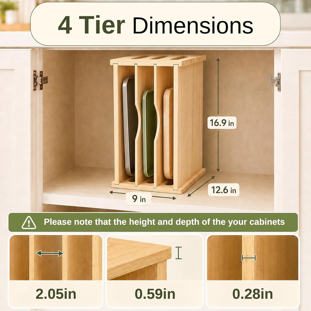 Wood Tray Dividers for Cabinets, 4 Tier, Baking Sheet Organizer for Kitchen