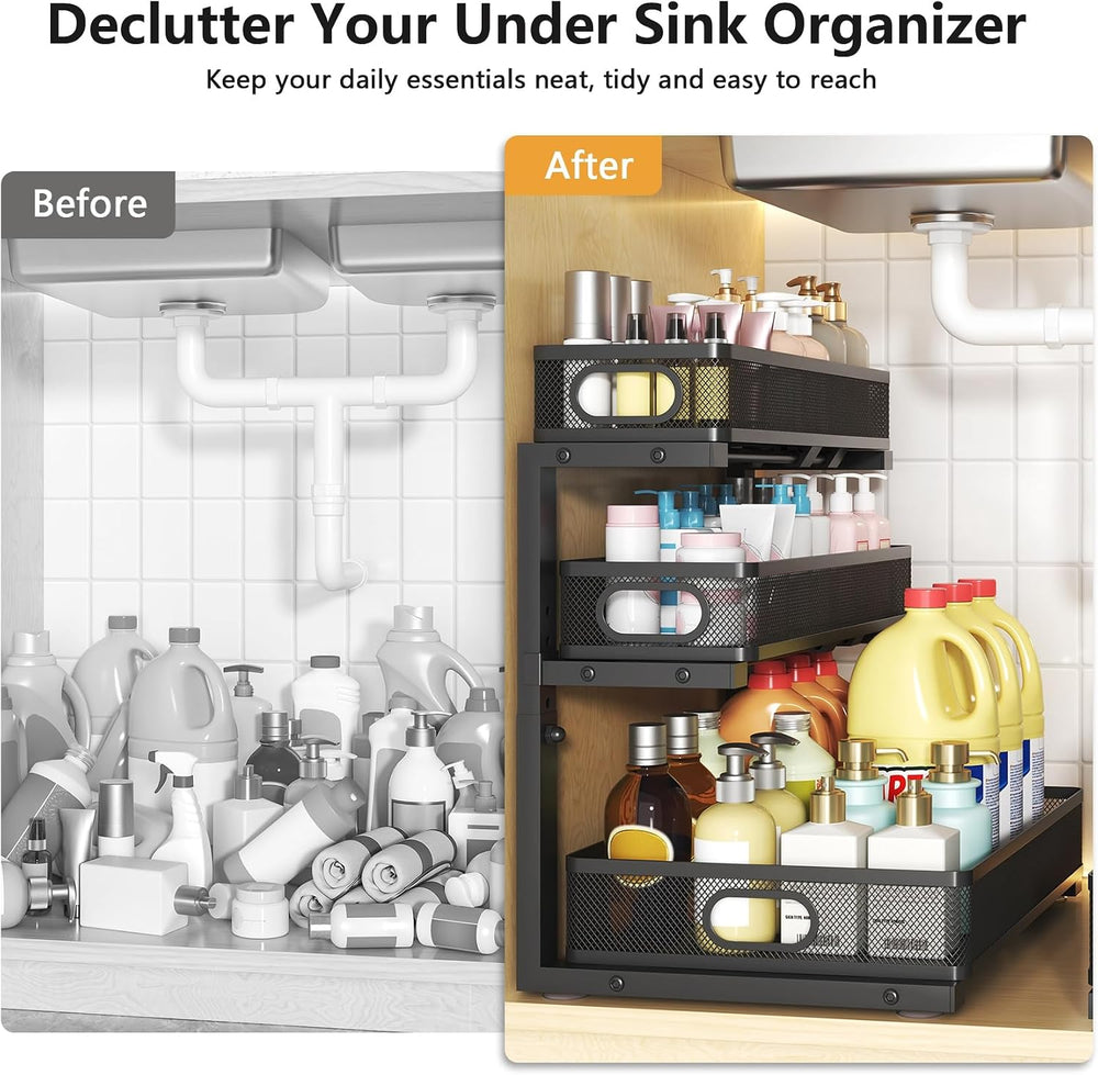 3-Tier Under Sink Organizer, Slide Out Drawer Rack, Black, 1 Pack