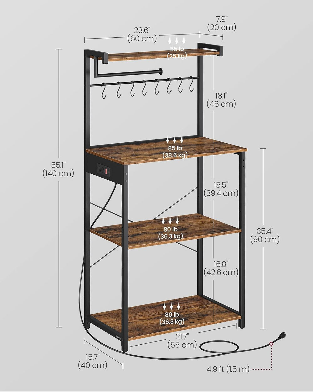 VASAGLE 4-Tier Kitchen Bakers Rack with Power Outlet, 23.6-Inch Wide