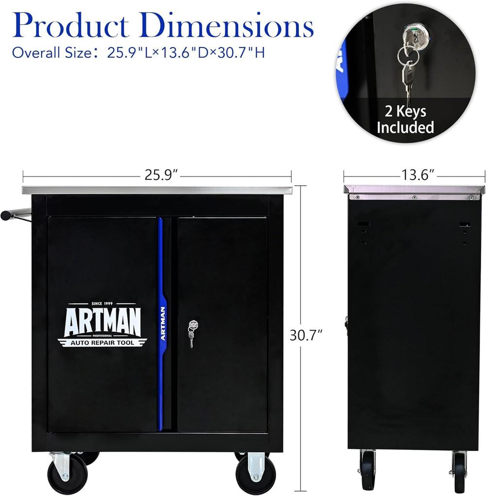Double-Door Heavy-Duty Rolling Steel Tool Cart with Handle&Wheels, Metal ...